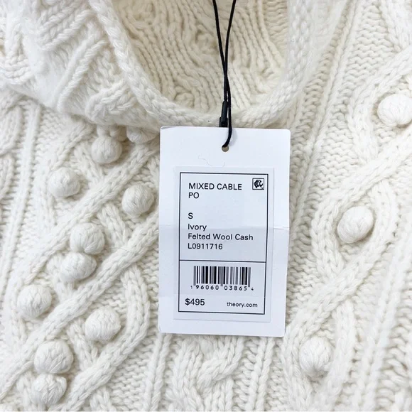 Theory Wool Cashmere Mixed Cable Knit Pom Pom Sweater Size Small NWT Ivory